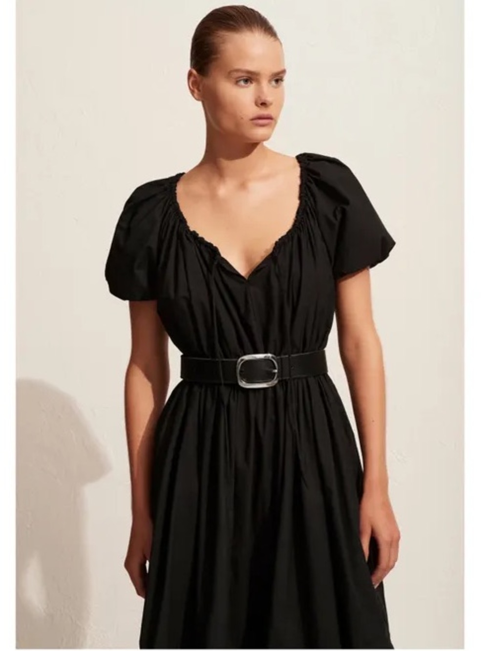 NEW Matteau Organic Cotton Drawcord Midi Dress Black Puff Sleeve Size 1  US 2
